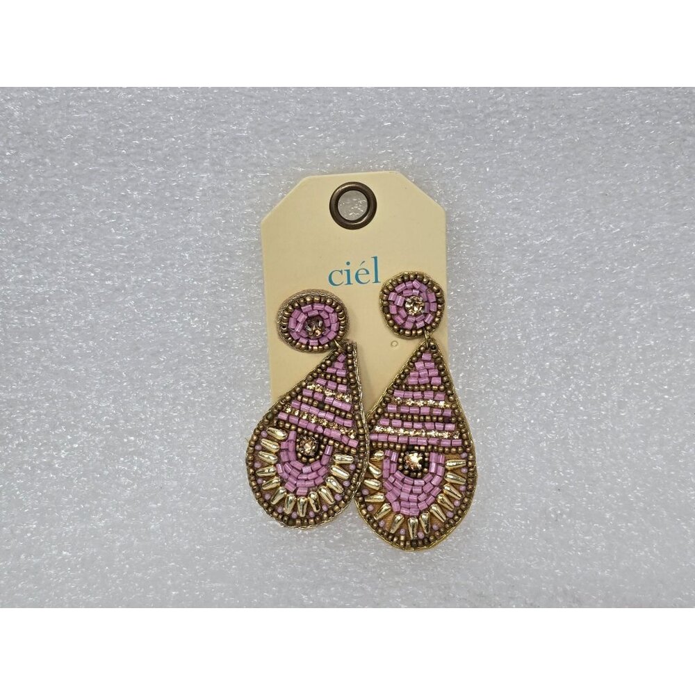 Beaded Teardrop Earrings By Ciel In Pink & Gold Handmade Statement Jewelry